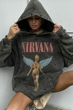 Retro Angel Print Boyfriend Style Hoodie - Y2K Fashion Aesthetic with Coquette and Grunge Vibes