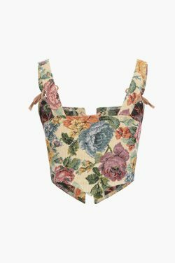 Retro Floral Corset Top with Tie-On Front - Y2K Fashion Aesthetic for Women