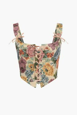 Retro Floral Corset Top with Tie-On Front - Y2K Fashion Aesthetic for Women