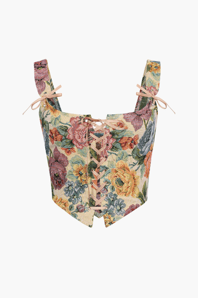 Retro Floral Corset Top with Tie-On Front - Y2K Fashion Aesthetic for Women Retro Floral Corset Top with Tie-On Front - Y2K Fashion Aesthetic for Women