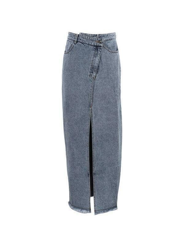 Retro High Waist Slit Denim Skirt for Y2K Fashion Enthusiasts Retro High Waist Slit Denim Skirt for Y2K Fashion Enthusiasts