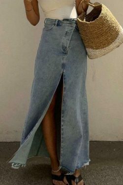 Retro High Waist Slit Denim Skirt for Y2K Fashion Enthusiasts