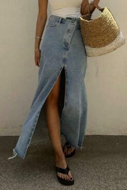 Retro High Waist Slit Denim Skirt for Y2K Fashion Enthusiasts