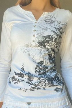 Rhinestone Floral Print Long Sleeve Tee - Y2K Fashion Aesthetic with Coquette Style and Grunge Vibes