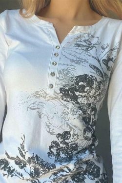 Rhinestone Floral Print Long Sleeve Tee - Y2K Fashion Aesthetic with Coquette Style and Grunge Vibes