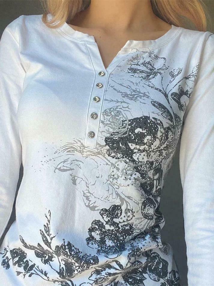 Rhinestone Floral Print Long Sleeve Tee - Y2K Fashion Aesthetic with Coquette Style and Grunge Vibes Rhinestone Floral Print Long Sleeve Tee - Y2K Fashion Aesthetic with Coquette Style and Grunge Vibes