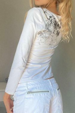 Rhinestone Floral Print Long Sleeve Tee - Y2K Fashion Aesthetic with Coquette Style and Grunge Vibes
