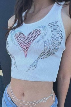 Rhinestone Heart Crop Tank: Y2K Fashion with Coquette Aesthetic, Grunge Style, and Pastel Goth Vibes