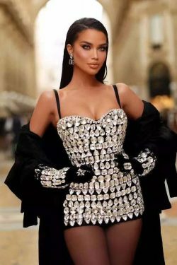 Rhinestone Low-Cut Suspender Dress - Y2K Fashion Statement with Coquette Aesthetic and Grunge Style