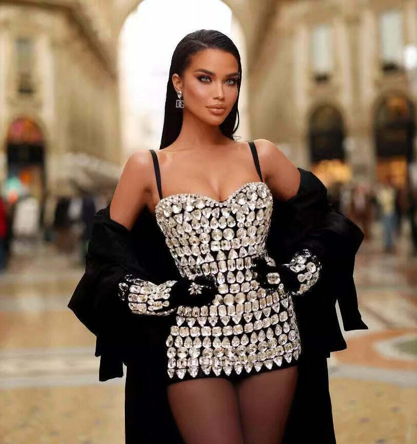 Rhinestone Low-Cut Suspender Dress - Y2K Fashion Statement with Coquette Aesthetic and Grunge Style Rhinestone Low-Cut Suspender Dress - Y2K Fashion Statement with Coquette Aesthetic and Grunge Style