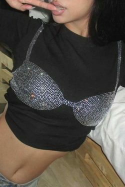 Rhinestone Print Long Sleeve Tee with Bikini Pattern - Y2K Fashion Aesthetic for Women