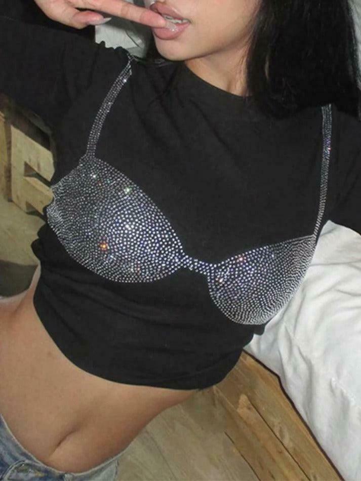 Rhinestone Print Long Sleeve Tee with Bikini Pattern - Y2K Fashion Aesthetic for Women Rhinestone Print Long Sleeve Tee with Bikini Pattern - Y2K Fashion Aesthetic for Women