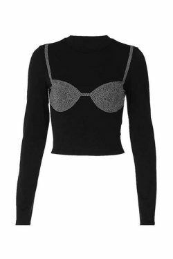 Rhinestone Print Long Sleeve Tee with Bikini Pattern - Y2K Fashion Aesthetic for Women