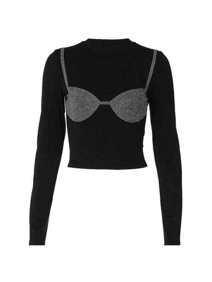 Rhinestone Print Long Sleeve Tee with Bikini Pattern - Y2K Fashion Aesthetic for Women Rhinestone Print Long Sleeve Tee with Bikini Pattern - Y2K Fashion Aesthetic for Women