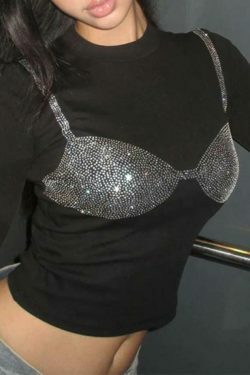 Rhinestone Print Long Sleeve Tee with Bikini Pattern - Y2K Fashion Aesthetic for Women