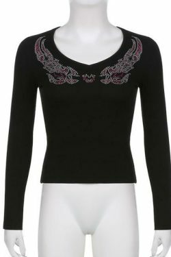 Rhinestone Ribbed V-Neck Long Sleeve - Y2K Fashion Aesthetic Top for Women