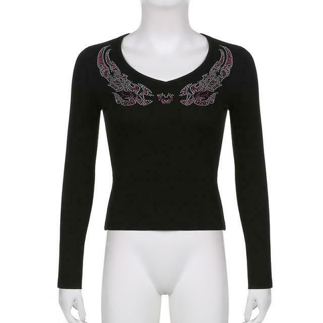 Rhinestone Ribbed V-Neck Long Sleeve - Y2K Fashion Aesthetic Top for Women Rhinestone Ribbed V-Neck Long Sleeve - Y2K Fashion Aesthetic Top for Women
