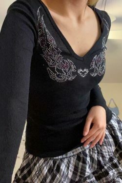 Rhinestone Ribbed V-Neck Long Sleeve - Y2K Fashion Aesthetic Top for Women