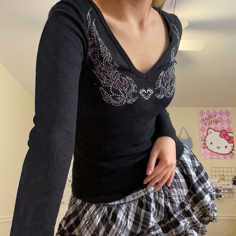 Rhinestone Ribbed V-Neck Long Sleeve - Y2K Fashion Aesthetic Top for Women Rhinestone Ribbed V-Neck Long Sleeve - Y2K Fashion Aesthetic Top for Women