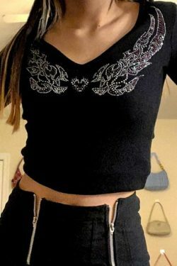 Rhinestone Ribbed V-Neck Long Sleeve - Y2K Fashion Aesthetic Top for Women