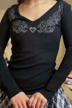Rhinestone Ribbed V-Neck Long Sleeve - Y2K Fashion Aesthetic Top for Women