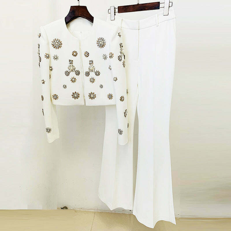 Rhinestone Short Jacket Suit for Women - Y2K Fashion Statement with Coquette Aesthetic