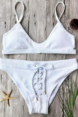 Ribbed Lace Up Bralette Bikini Set - Y2K Fashion Swimwear for Coquette Aesthetic Lovers