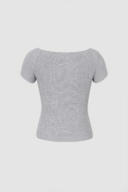 Ribbed Square Neck Short Sleeve T-Shirt - Y2K Coquette Grunge Aesthetic Cute Tops Pastel Goth