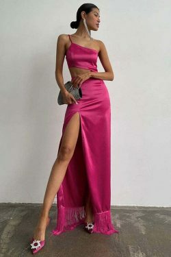 Rosette Tassels High Slit Dress - Y2K Fashion Statement with Coquette Aesthetic and Grunge Style