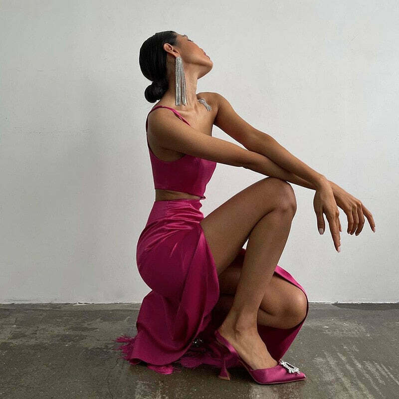 Rosette Tassels High Slit Dress - Y2K Fashion Statement with Coquette Aesthetic and Grunge Style Rosette Tassels High Slit Dress - Y2K Fashion Statement with Coquette Aesthetic and Grunge Style