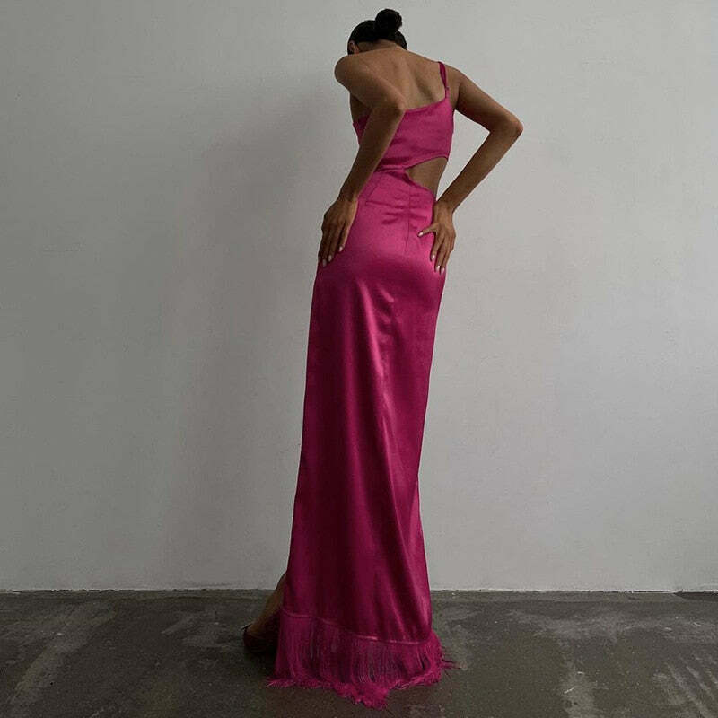 Rosette Tassels High Slit Dress - Y2K Fashion Statement with Coquette Aesthetic and Grunge Style Rosette Tassels High Slit Dress - Y2K Fashion Statement with Coquette Aesthetic and Grunge Style