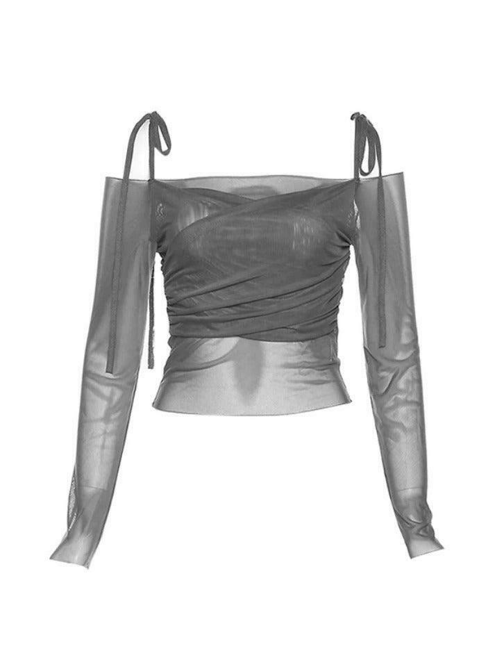 Ruched Lace Up Crop Tee: Y2K Aesthetic Long Sleeve Top for Women's Fashion Ruched Lace Up Crop Tee: Y2K Aesthetic Long Sleeve Top for Women's Fashion