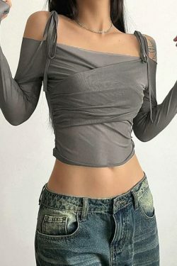 Ruched Lace Up Crop Tee: Y2K Aesthetic Long Sleeve Top for Women's Fashion