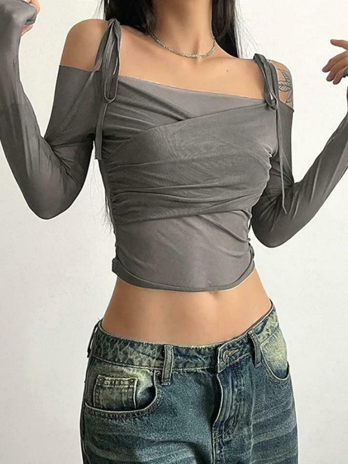 Ruched Lace Up Crop Tee: Y2K Aesthetic Long Sleeve Top for Women's Fashion Ruched Lace Up Crop Tee: Y2K Aesthetic Long Sleeve Top for Women's Fashion