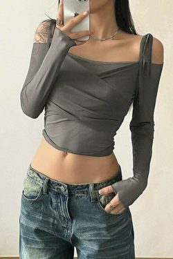 Ruched Lace Up Crop Tee: Y2K Aesthetic Long Sleeve Top for Women's Fashion