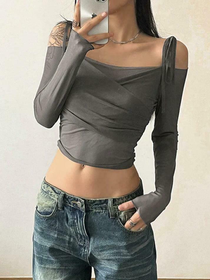 Ruched Lace Up Crop Tee: Y2K Aesthetic Long Sleeve Top for Women's Fashion Ruched Lace Up Crop Tee: Y2K Aesthetic Long Sleeve Top for Women's Fashion