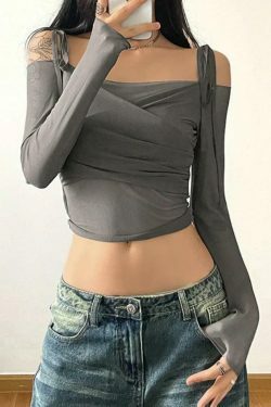 Ruched Lace Up Crop Tee: Y2K Aesthetic Long Sleeve Top for Women's Fashion