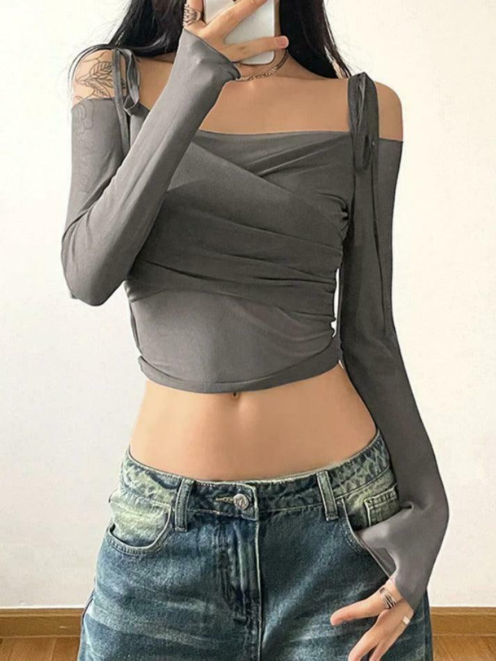 Ruched Lace Up Crop Tee: Y2K Aesthetic Long Sleeve Top for Women's Fashion Ruched Lace Up Crop Tee: Y2K Aesthetic Long Sleeve Top for Women's Fashion