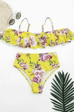 Ruffled Floral Off-Shoulder High-Waisted Bikini for Y2K Fashion Enthusiasts