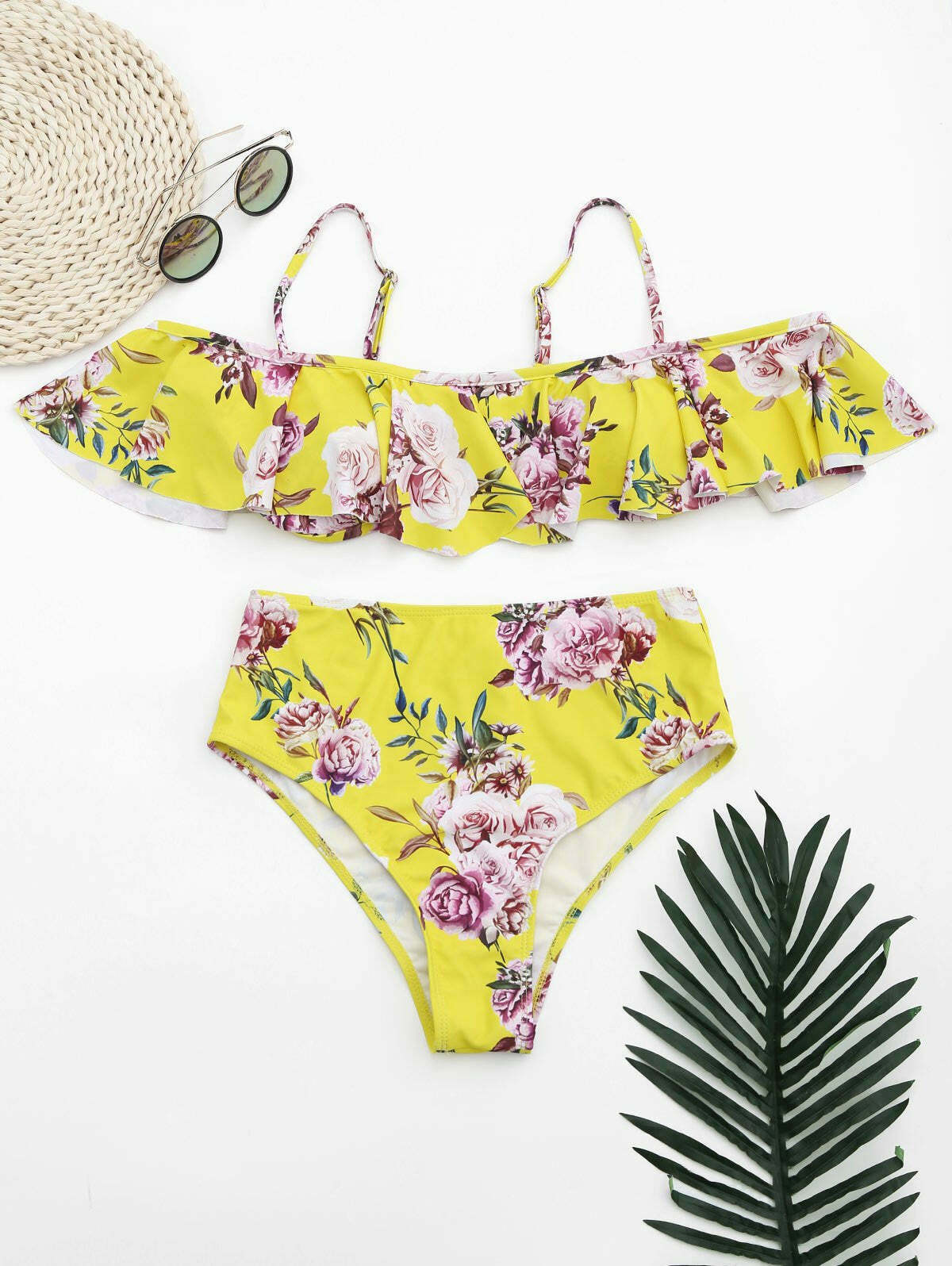 Ruffled Floral Off-Shoulder High-Waisted Bikini for Y2K Fashion Enthusiasts Ruffled Floral Off-Shoulder High-Waisted Bikini for Y2K Fashion Enthusiasts