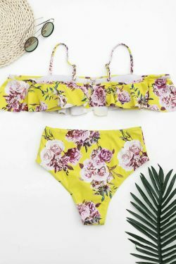 Ruffled Floral Off-Shoulder High-Waisted Bikini for Y2K Fashion Enthusiasts