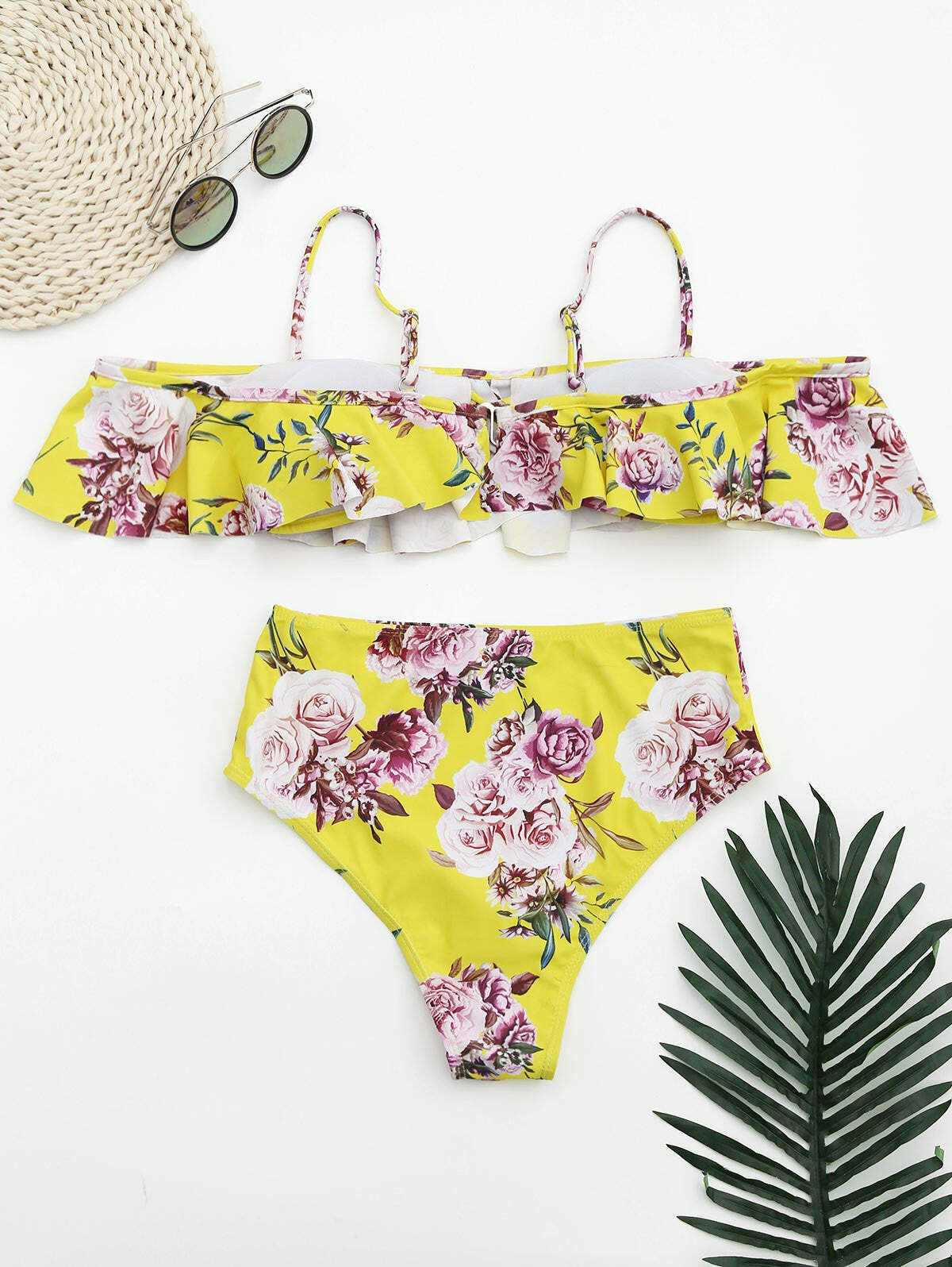 Ruffled Floral Off-Shoulder High-Waisted Bikini for Y2K Fashion Enthusiasts Ruffled Floral Off-Shoulder High-Waisted Bikini for Y2K Fashion Enthusiasts