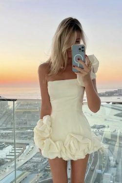 Ruffled flower one-shoulder dress with bud waist - Y2K fashion statement for women's niche style