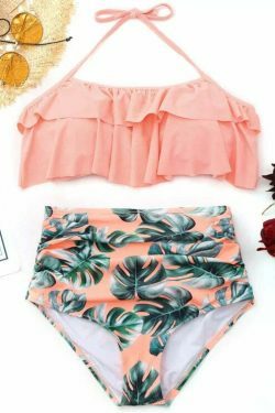 Ruffled Palm Leaf High Waist Bikini - Y2K Fashion Swimwear for Women
