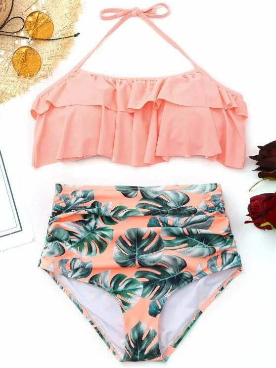 Ruffled Palm Leaf High Waist Bikini - Y2K Fashion Swimwear for Women Ruffled Palm Leaf High Waist Bikini - Y2K Fashion Swimwear for Women