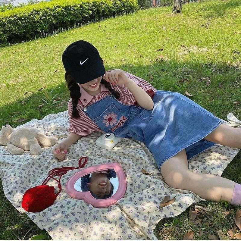 Sakura Embroidery Dungaree Shorts - Y2K Fashion with Coquette Aesthetic