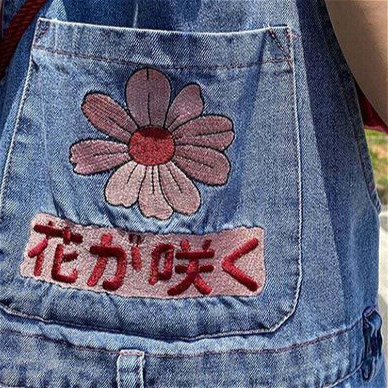Sakura Embroidery Dungaree Shorts - Y2K Fashion with Coquette Aesthetic