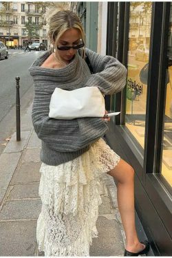 Sculpted Serenity Coquette Aesthetic Slash Neck Sweater