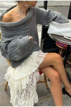 Sculpted Serenity Coquette Aesthetic Slash Neck Sweater