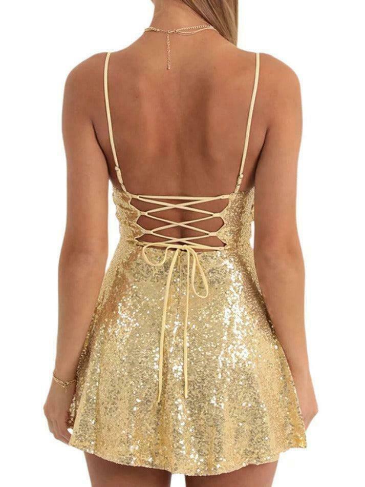 Sequin Backless Mini Dress with Tie-Up Detail - Y2K Fashion Statement for Women